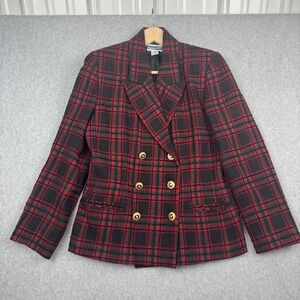 VTG Pendleton Blazer Womens 8 Red Black Plaid Wool Double Breasted USA Academia